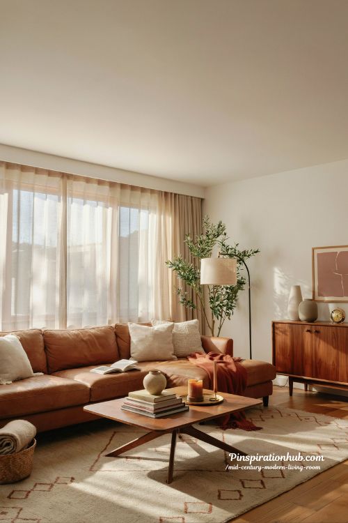 Mid century modern living room with cozy sectional sofa and warm walnut wood accents