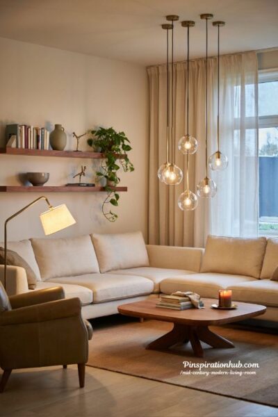 Mid century modern living room with globe pendant lights above sectional sofa
