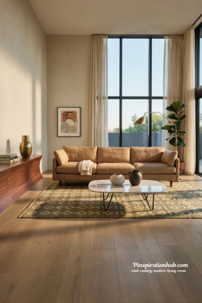 Mid century modern living room with hairpin leg coffee table and sectional sofa