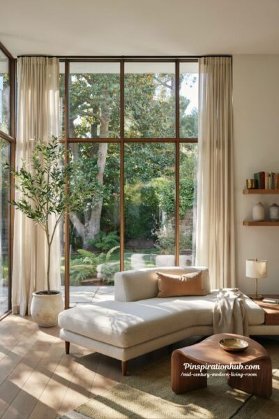 Mid century modern living room with large windows and nature inspired sectional layout