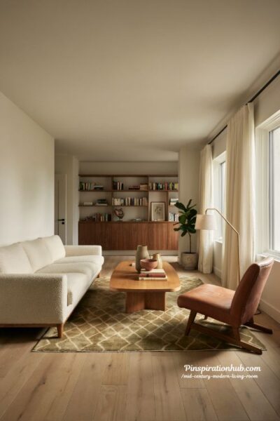 Mid century modern living room with low profile sectional and exposed tapered wood legs