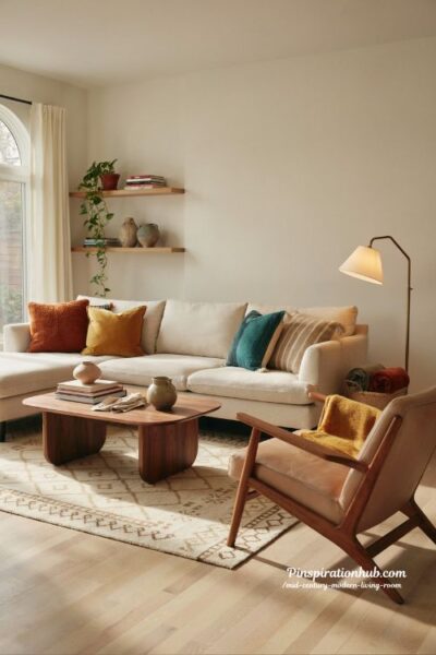 Mid century modern living room with mustard yellow and burnt orange throw pillows