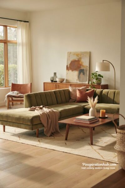 Mid century modern living room with olive green velvet sectional and walnut wood accents