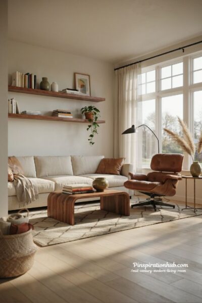 Mid century modern living room with sectional sofa and iconic Eames lounge chair