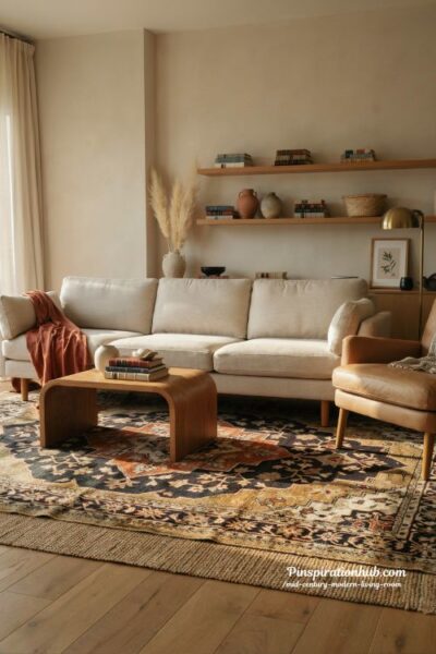 Mid century modern living room with vintage Persian rug and clean lined sectional sofa