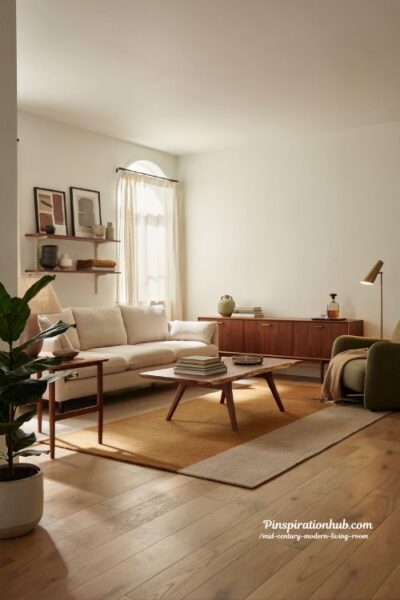 Mid century modern living room with walnut wood accents and neutral sectional sofa