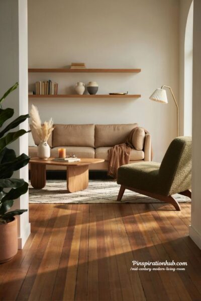 Mid century modern living room with warm mid tone wood floors and sectional sofa