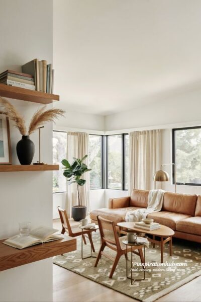 Mid century modern living room with white walls and warm walnut furniture