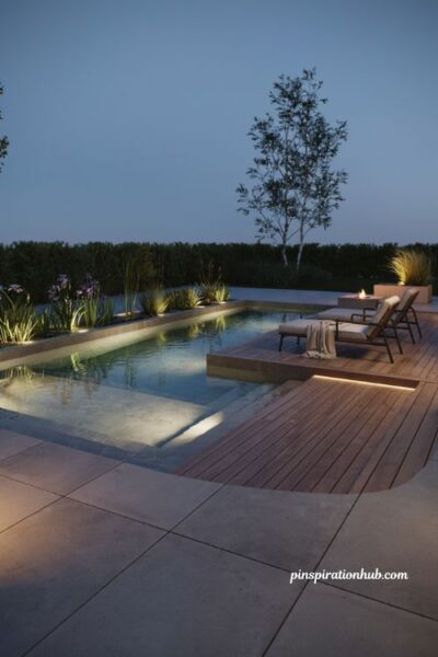 Modern eco pool design with clean lines planted filter beds timber deck and led lighting