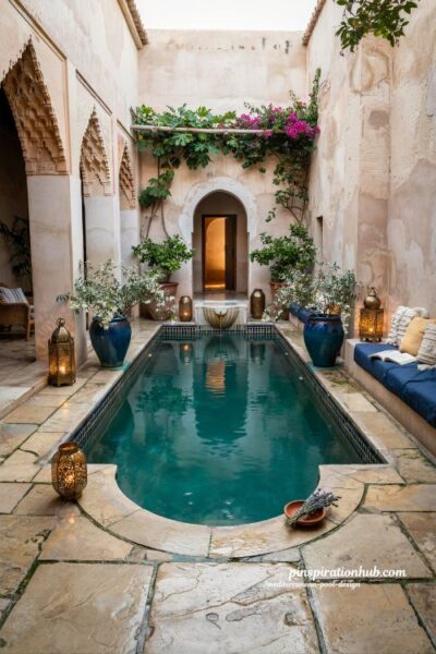 Moorish courtyard oasis with deep teal pool and Moroccan riad style backyard design