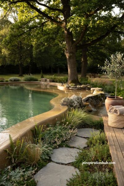 Natural gunite swimming pool organically shaped around mature landscape features and trees