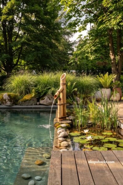 Natural pool ideas with a bamboo waterfall between the swimming and regeneration zones