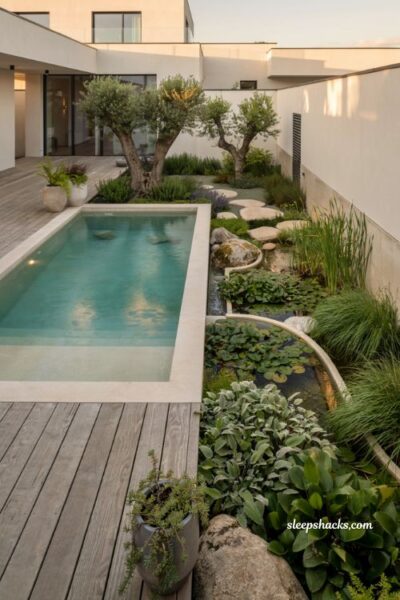 Natural pool ideas with a modern hybrid saltwater eco pool and lush plant filtration beds