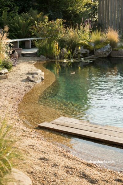 Natural pool ideas with gravel and stone walls instead of concrete sides