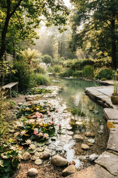 Natural pool ideas with water lilies creating a beautiful natural filtration system
