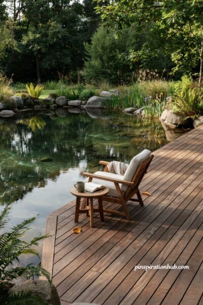 Natural swimming pond with hardwood timber deck overhanging the water and a relaxing sitting area