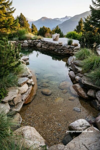 Natural swimming pond with layered rock and gravel edges and a mountain lake look