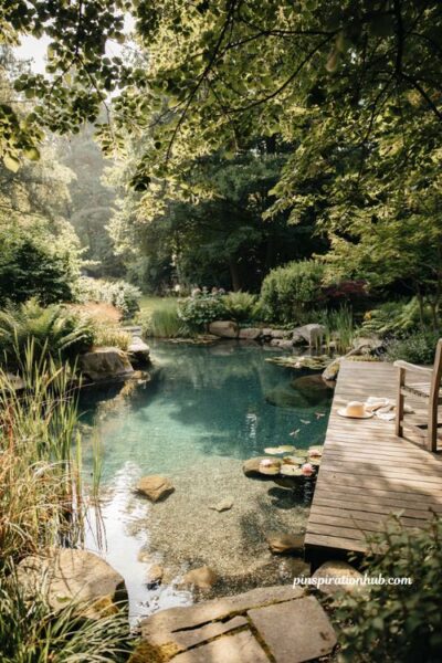 Natural swimming pool design with clear water plants and wooden dock in a backyard