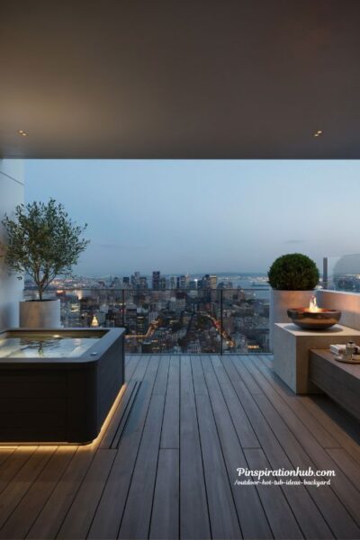 Outdoor hot tub ideas backyard with rooftop terrace spa and city skyline view