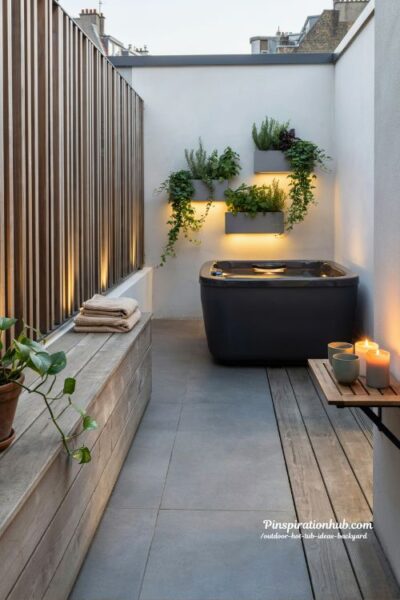 Outdoor hot tub ideas backyard with compact urban patio spa and privacy screens