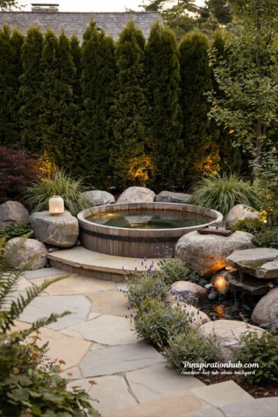 Outdoor hot tub ideas backyard with natural stone spa surround and lush greenery