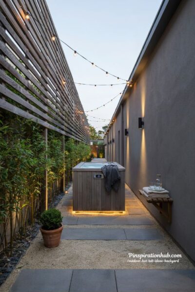 Outdoor hot tub ideas backyard with side yard corridor spa and bamboo privacy screens