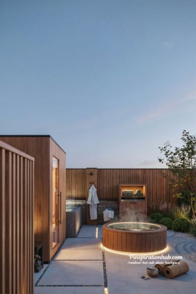 Outdoor hot tub ideas backyard with wellness spa zone sauna cold plunge and yoga area