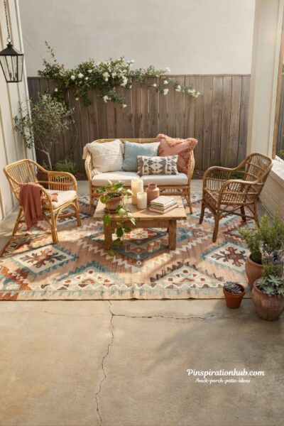 Outdoor rug ideas for a cozy back porch patio with warm boho farmhouse style