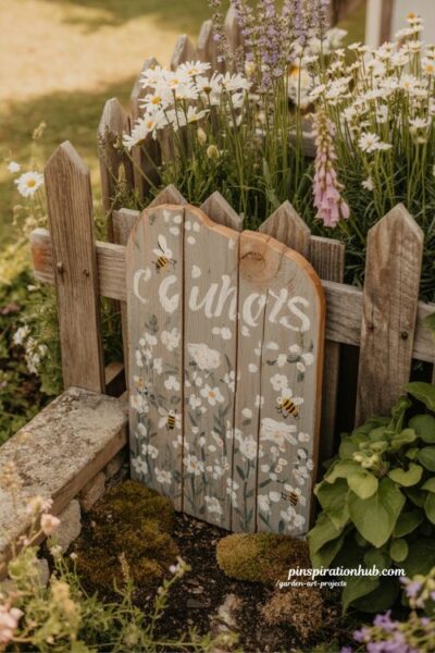 Painted garden sign on reclaimed wood in a rustic cottage flower bed