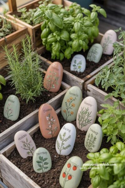Painted rock garden markers for herbs and vegetables in a charming cottage garden