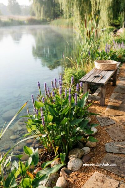 Pickerelweed with purple flower spikes and tall cattails in a natural swimming pool regeneration zone