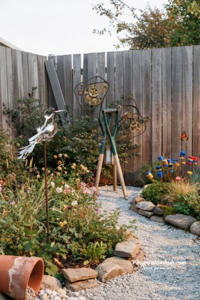 Recycled metal scrap garden art creating a unique eclectic outdoor space full of character
