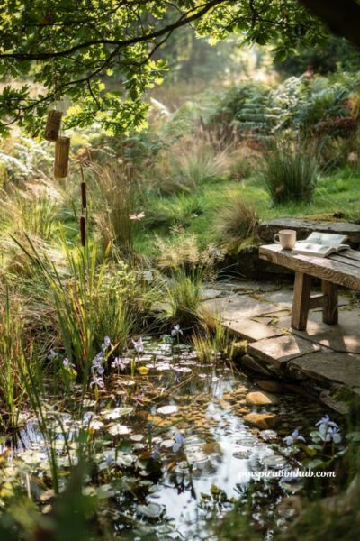 Shallow natural swimming pool regeneration zone filled with native aquatic plants and gravel