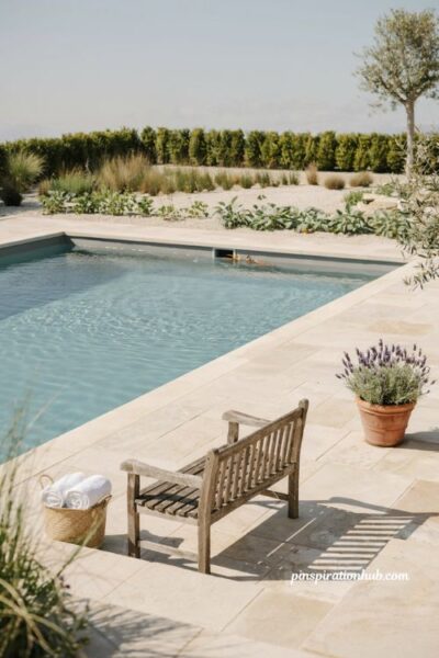 Simple natural swimming pool with surface skimmer integrated stone coping and plant filter