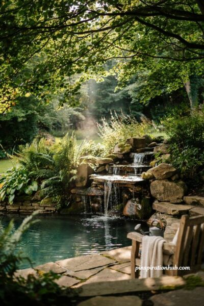 Small natural stone waterfall cascading into a clear natural swimming pond surrounded by ferns