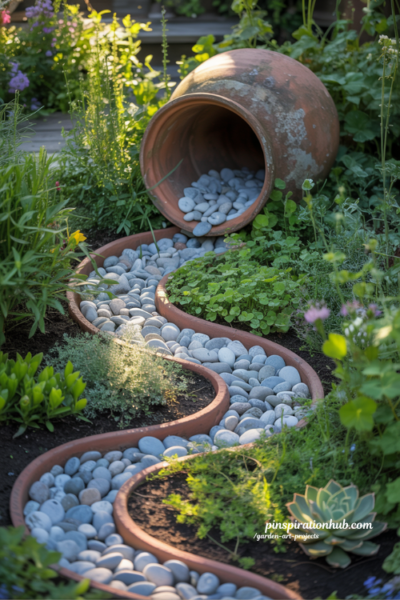Spilled rock river garden art with flowing blue pebble illusion in flower bed