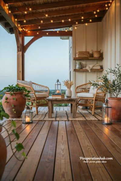 String light ideas for a warm cozy back porch patio at dusk