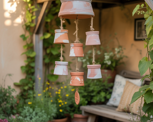Terracotta pot wind chime hanging in a cozy cottage garden seating area