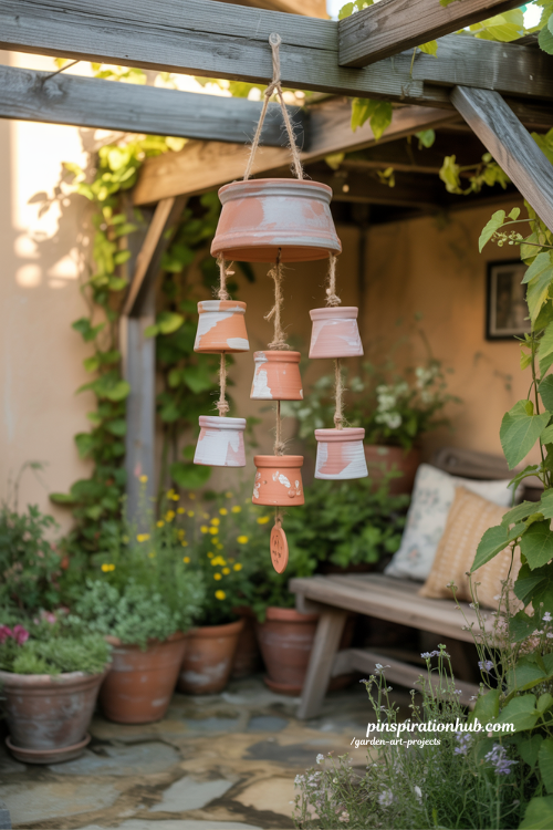 Terracotta pot wind chime hanging in a cozy cottage garden seating area