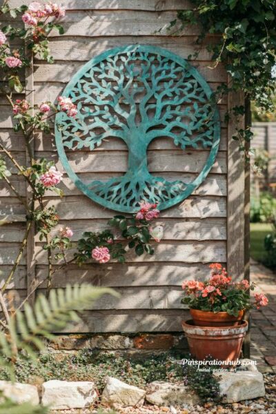 Tree of life metal wall art on a garden fence with climbing vines and rustic patina