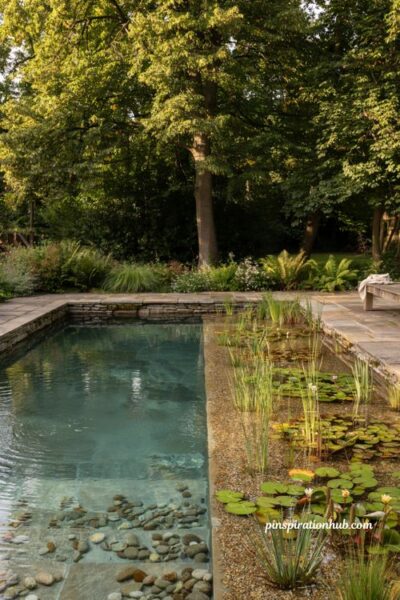 Two zone natural swimming pool design with plant regeneration filtration zone and clear water