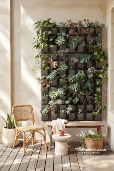 Vertical garden wall ideas for small back porch patio with succulents and trailing plants