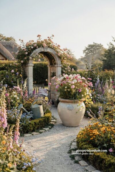 Whimsical Alice in Wonderland garden with oversized flower pot sculptures and surreal pathway design
