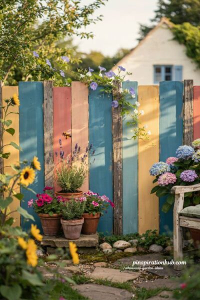 Whimsical colorful painted garden fence panels with turquoise coral and yellow backdrop styling