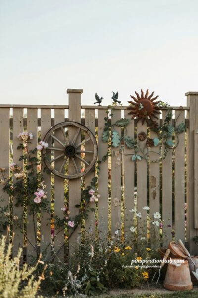 Whimsical cottage garden fence decor with wagon wheel and rustic metal garden art