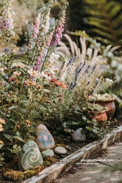 Whimsical cottage garden with hand painted stones and folk art details in flower borders