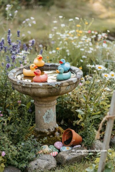 Whimsical garden birdbath decorated with colorful toy ducks and playful cottage garden styling