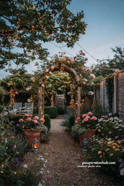 Whimsical garden fairy lights glowing through tree branches and cottage trellis at dusk