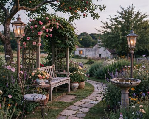 Whimsical garden ideas with cozy cottage pathways and glowing dusk garden decor