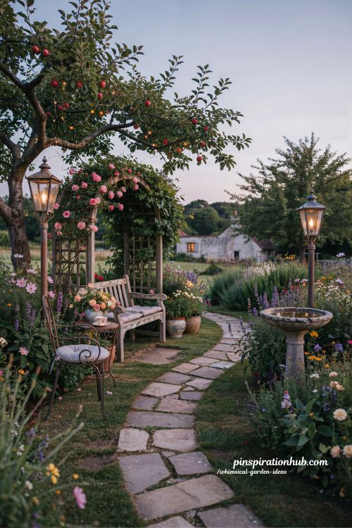 Whimsical garden ideas with cozy cottage pathways and glowing dusk garden decor